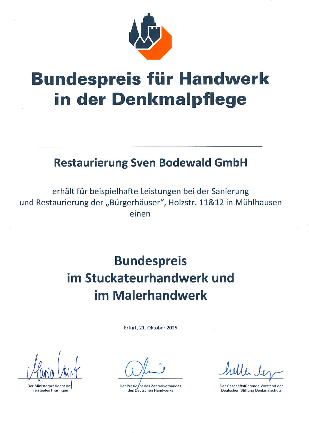 Urkunde Bundespreis Denkmalpflege